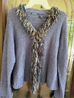 Wind River Lavender Bouclé V-Neck Sweater with Multicolor Fringe Trim